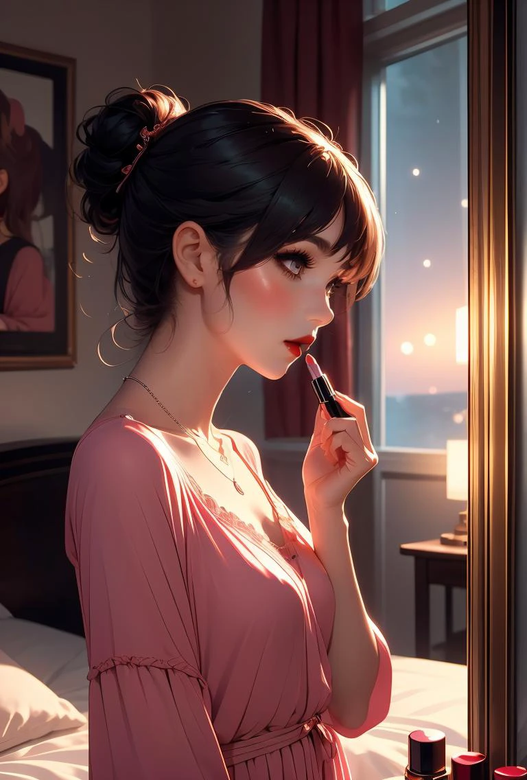 (masterpiece, best quality), 1girl, <lora:girllikeapplylipstick:0.8> from side, apply lipstick, holding a lipstick, reflection, looking at mirror, collarbone, necklace, chiffon tunic, window, bedroom, night view