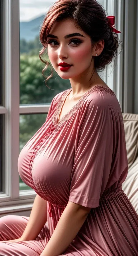 Ideal-cutesie, (detailed eyes:0.8), (detailed lips:0.8), (freckles:0.8), extremely photogenic girl, blush, textured skin, hourglass figure, (photorealistic:1.2), (warm colors, 8k, high quality, shot on Fujifilm X-T4, 85mm f1.2), <lora:epiCRealismHelper:0.99>, <lora:add_detail:0.8>, <lora:Sagging Breasts v1:1.5> sagging breasts, gigantic breasts, <lora:girllikeapplylipstick:0.99> from side, apply lipstick, holding a lipstick, reflection, looking at mirror, pink chiffon tunic, (seiza on wooden floor:1.1), window, bedroom, night view, updo, hairclip, ribbon, <lora:breastsizeslideroffset:0.5>