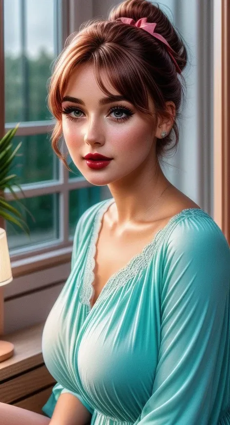 Ideal-cutesie, (detailed eyes:0.8), (detailed lips:0.8), (freckles:0.8), extremely photogenic girl, blush, textured skin, hourglass figure, (photorealistic:1.2), (warm colors, 8k, high quality, shot on Fujifilm X-T4, 85mm f1.2), <lora:epiCRealismHelper:0.99>, <lora:add_detail:0.8>, <lora:Sagging Breasts v1:1.5> sagging breasts, gigantic breasts, <lora:breastsizeslideroffset:0.4>, <lora:girllikeapplylipstick:0.80>, (apply lipstick:1.3), (holding a lipstick:1.2), turquoise chiffon tunic, sitting on wooden floor, window, bedroom, night view, ponytail, ribbon