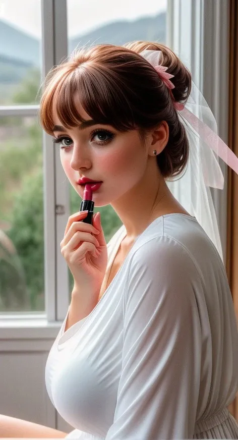 Ideal-cutesie, (detailed eyes:0.8), (detailed lips:0.8), (freckles:0.8), extremely photogenic girl, blush, textured skin, hourglass figure, (photorealistic:1.2), (warm colors, 8k, high quality, shot on Fujifilm X-T4, 85mm f1.2), <lora:epiCRealismHelper:0.99>, <lora:add_detail:0.8>, <lora:Sagging Breasts v1:1.5> sagging breasts, gigantic breasts, <lora:breastsizeslideroffset:0.4>, <lora:girllikeapplylipstick:0.80> from side, (apply lipstick:1.3), (holding a lipstick:1.2), reflection, looking at mirror, white chiffon tunic, sitting on wooden floor, window, bedroom, night view, updo, ribbon