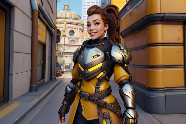 <lora:Kl4fke:1.2>,setting is Kl4fke style scifi city streets,brigitte,brown hair,brown eyes,ponytail,sidelocks,yellow coat,shoulder armor,breastplate,armor,belt,pants,city,dusk,upper body,standing,smile,looking at viewer,(insanely detailed, beautiful detailed face, beautiful detailed eyes, masterpiece, best quality),solo,<lora:brigitteOW2-10:0.8>,