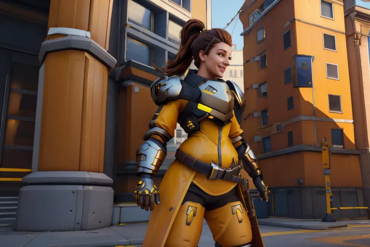 <lora:Kl4fke:1.2>,setting is Kl4fke style scifi city streets,brigitte,brown hair,brown eyes,ponytail,sidelocks,yellow coat,shoulder armor,breastplate,armor,belt,pants,city,dusk,upper body,standing,smile,looking at viewer,(insanely detailed, beautiful detailed face, beautiful detailed eyes, masterpiece, best quality),solo,<lora:brigitteOW2-10:0.8>,
