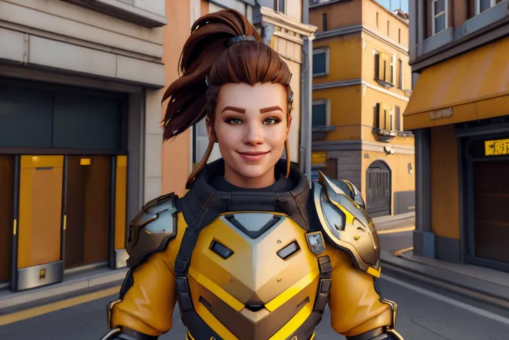 <lora:Kl4fke:1.2>,setting is Kl4fke style italian city streets,brigitte,brown hair,brown eyes,ponytail,sidelocks,yellow coat,shoulder armor,breastplate,armor,belt,pants,city,dusk,upper body,standing,smile,looking at viewer,(insanely detailed, beautiful detailed face, beautiful detailed eyes, masterpiece, best quality),solo,<lora:brigitteOW2-10:0.8>,