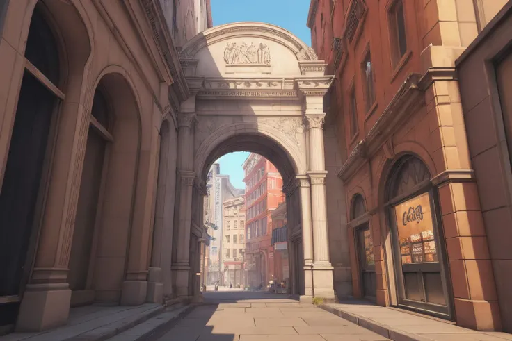 <lora:Kl4fke:1>,best quality,city streets,doorways,store fronts,tv advertisements,statue,arch,