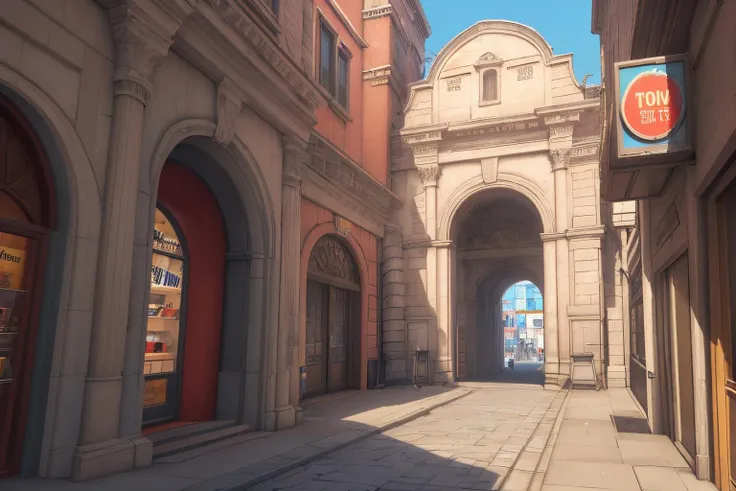 <lora:Kl4fke:1>,best quality,city streets,doorways,store fronts,tv advertisements,statue,arch,