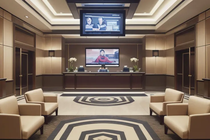 <lora:Kl4fke:1>,best quality,cushion,inside a hotel lobby,desk,tv advertisements,