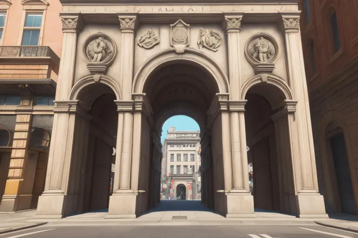 <lora:Kl4fke:1>,best quality,city streets,doorways,store fronts,tv advertisements,statue,arch,