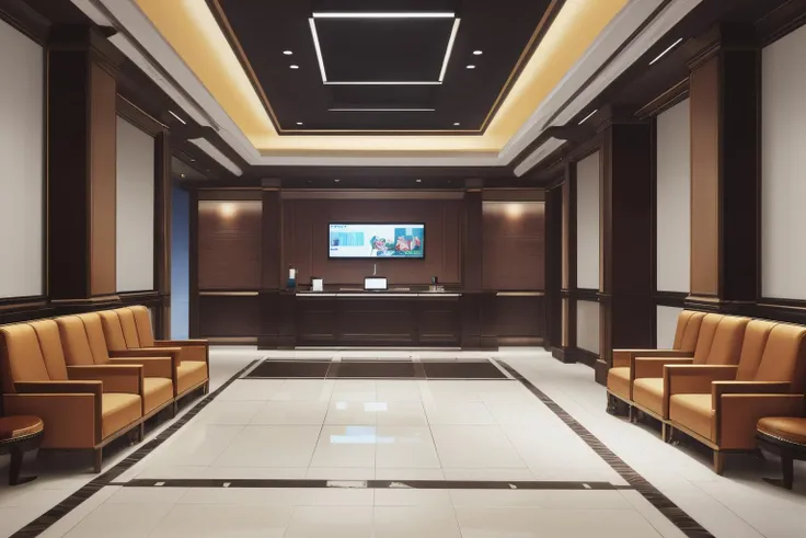 <lora:Kl4fke:1>,best quality,cushion,inside a hotel lobby,desk,tv advertisements,