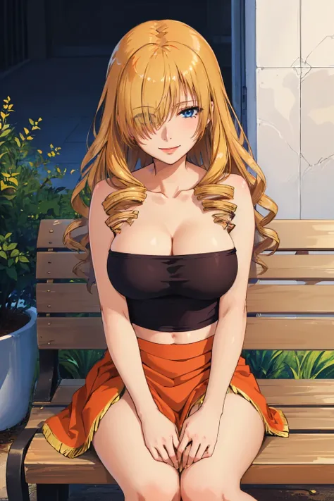 (masterpiece, best quality:1.2), solo, 1girl, oriana thomson, smile, looking at viewer, sitting, bench, hair over one eye, tube top, orange skirt <lora:certainmagicalindex_thomson:1.0>