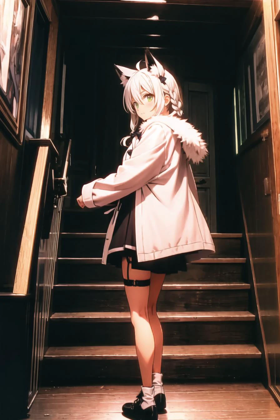 (masterpiece),best quality,from_side,Dark environment,Stand on one foot,Stand against the wall,One knee up,Lift one foot,Put foot against the opposite wall,1girl,shirakami fubuki,virtual youtuber,animal ears,fox ears,fox girl,white hair,fox tail,jacket,thigh strap,long hair,ahoge,bangs,braid,fur trim,green eyes,hair between eyes,stairs,sidelocks,looking at viewer,