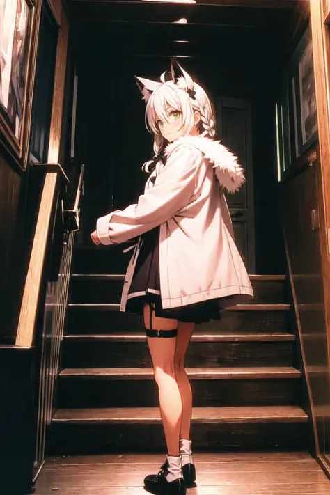 (masterpiece),best quality,from_side,Dark environment,Stand on one foot,Stand against the wall,One knee up,Lift one foot,Put foot against the opposite wall,1girl,shirakami fubuki,virtual youtuber,animal ears,fox ears,fox girl,white hair,fox tail,jacket,thigh strap,long hair,ahoge,bangs,braid,fur trim,green eyes,hair between eyes,stairs,sidelocks,looking at viewer,