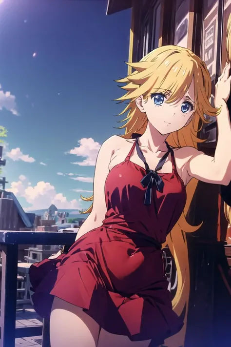 (masterpiece),best quality,<lora:ArtraccooneePantyAnarchy_ArtraccooneePanty:0.75>,panty_anarchy,panty_\(psg\),blonde_hair,blue_eyes,red_dress,