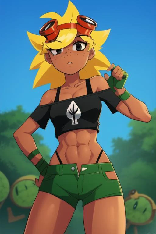 <lora:solar_flare_(plants_vs_zombies_heroes):1>, solar_flare_(plants_vs_zombies_heroes), masterpiece, best quality, 1girl, solo, goggles, blonde hair, goggles on head, breasts, shorts, freckles, dark skin, dark-skinned female, navel, gloves, green shorts, midriff, medium breasts, crop top, spiked hair, cowboy shot, clenched hands, black eyes, shirt, looking at viewer, abs, fingerless gloves, green gloves, tank top, bare shoulders, long hair, off shoulder, black shirt outdoors,