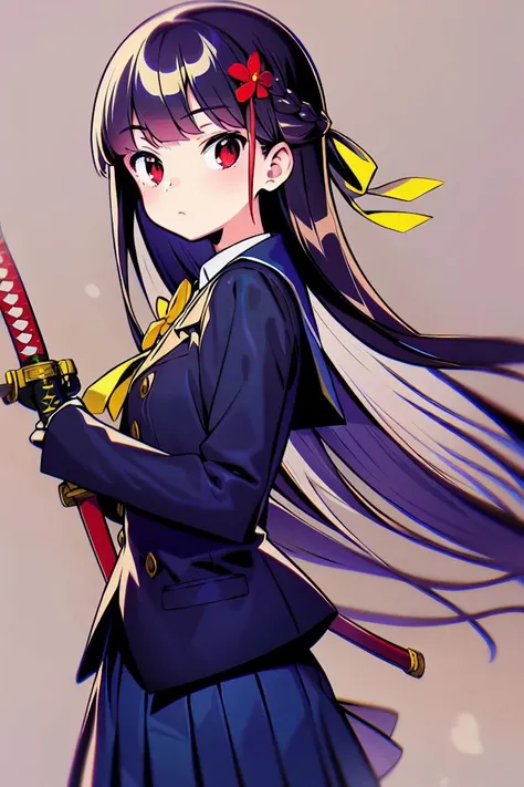 masterpiece, <lora:onono_imoco-59:1>
onono_imoco, 1girl, solo, long hair, looking at viewer, bangs, skirt, black hair, hair ornament, red eyes, gloves, long sleeves, ribbon, holding, closed mouth, school uniform, weapon, braid, flower, pleated skirt, sword, hair flower, holding weapon, holding sword, katana, sheath, yellow ribbon, unsheathing, holding sheath