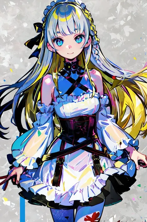 ultra detailed, masterpiece, best quality, solo, cowboy shot, facing viewer,
soft smile, light smile,
1girl, blue eyes, very long hair, blonde hair, long blonde hair, french braid, bangs, medium breasts,
hair ribbon, frilled choker, criss-cross halter, sleeveless dress, high-waist skirt, backless dress, waist bow, detached sleeves, frilled sleeves, wide sleeves, pantyhose, patterned legwear, mary janes,
<lora:onono_imoco-59:0.85> onono_imoco,