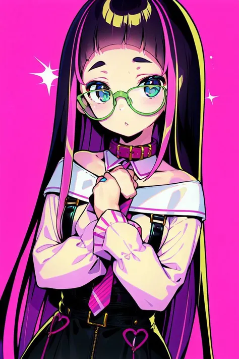 masterpiece, <lora:onono_imoco-59:1>
onono_imoco, 1girl, solo, long hair, looking at viewer, bangs, blue eyes, skirt, shirt, black hair, long sleeves, jewelry, very long hair, pink hair, multicolored hair, necktie, glasses, blunt bangs, black skirt, off shoulder, collar, two-tone hair, streaked hair, own hands clasped, suspenders, high-waist skirt, colored inner hair, suspender skirt, argyle, green-framed eyewear, bandaid on hand, pink collar,