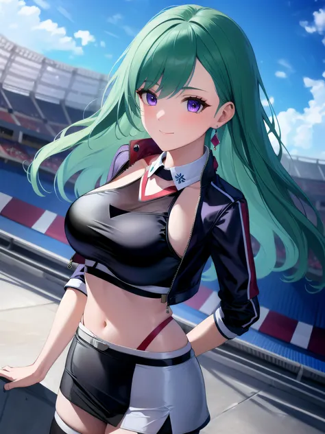 (masterpiece:1.3), (absurdres:1.3), (best quality:1.3), hand of Guido Daniele, (ultra-detailed:1.3),(best shadow:0.7), (handled hair), detailed eyes, beautiful eyes, 1girl, solo,
yakumodd, green hair, purple eyes, long hair, large breasts, crystal earrings, upper_body, light_smile, closed_mouth, from above, arms_behind_back,
(outfit-eugen, cropped jacket, miniskirt, black thighhighs),
BREAK outdoors, racing, stadium, sky, blue sky, wind,