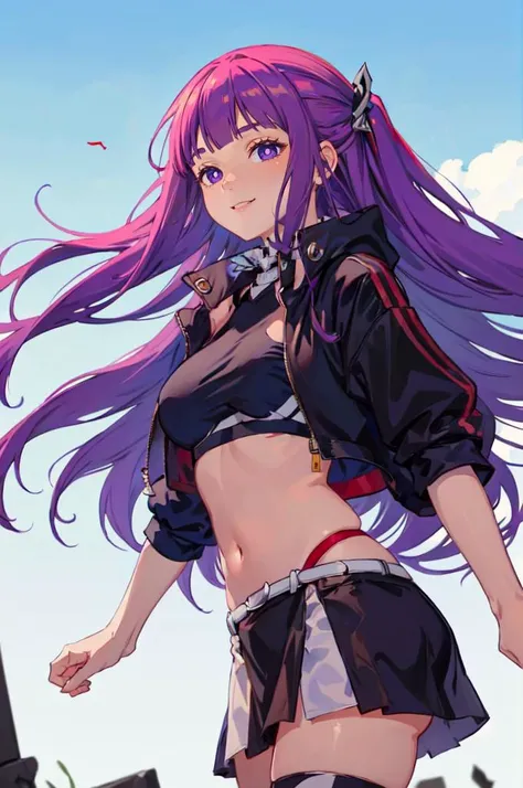 smile, <lora:OutfitEugenFinalLap:1> outfit-eugen, cropped jacket, miniskirt, black thighhighs, <lora:Fern:1> FernFrieren, very long hair, purple eyes, (purple pupils),, ultra detailed, masterpiece, best quality, aesthetic, detailed,