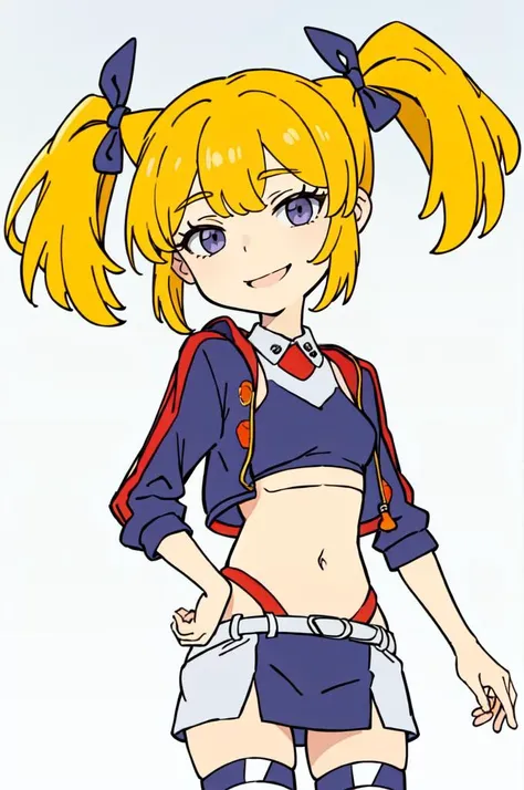 smile, <lora:OutfitEugenFinalLap:1> outfit-eugen, cropped jacket, miniskirt, black thighhighs, <lora:AngOne512v1:0.6> AngOne, blonde hair, pigtails, purple dress, orange sleeves,, ultra detailed, masterpiece, best quality, aesthetic, detailed,