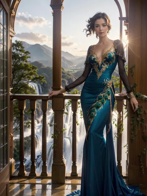 wide angle, full body, three-quarter perspective, beautiful woman, mixed race, (peacock inspired elegant detailed and modest Art Nouveau Evening Gown), posing, small breasts, small hips, intricate, high detail, 8k, dslr, hyper realism, outside, colorful scenic fantasy background, waterfall, forest, overlook, ballroom, balcony, ambient light, golden hour, golden ratio, perfect lighting, (inspired by Alphonse Mucha), (masterpiece), (best quality), (detailed), (realistic), (8k)