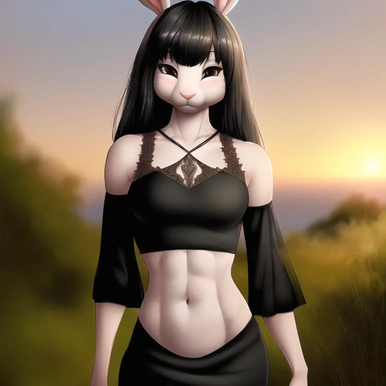 photorealistic, masterpiece, highest quality, highly detailed,
detailed clothes, beautiful detailed eyes, detailed face, detailed hair, detailed skin,
young skinny petite (anthro (grey bunny):1.2), looking sweet,
(messy long black hair), (bangs:1.2),
(anthro bunny ,intricate black dress :1.3)
(midriff:1.3), cleavage, (abs:0.95), small breasts, (slim waist :1.3),
(golden hour portrait, bokeh), (natural light), subsurface scattering, volumetric lighting,
perfect anatomy, (full body, body in view :1.5)
