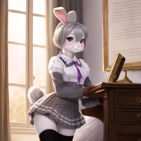 nsfw, Ultra realistic, masterpiece, highest quality, ultra detail,adorable, (detailed and intricate), white fur, attached rabbit tail, (hair),(perky small breasts), (grey furry body:1.3),detailed face, detailed light purple eyes, detailed eyes, (detailed eyes:1.1), (grey petite anthro bunny:1.2), wide hips, (furry:1.3), aroused, happy, embarrassed, (blush),(detailed schoolgirl outfit), white thigh highs, smooth,intricate detail, gorgeous female photo, professionally retouched, realistic professionally color graded photograph, natural lighting, realistic, light particles,fine fabric emphasis, bokeh, suggestive pose,by Pino Daeni, by Ruan Jia, by Shiitakemeshi, by Alayna Lemmer, by Carlo Galli Bibiena, detailed classroom background