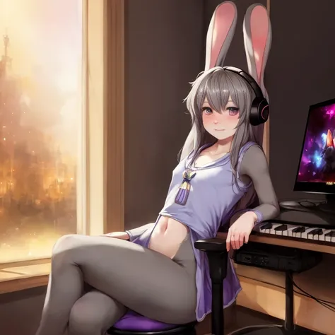 detailed Girly Room, nsfw, young skinny (petite grey_bunny:1.35),(bunny face,furry grey fur covered body:1.3),detailed face and eyes,grey fur, fluffy bunny tail,long bunny ears, long hair,(perky flat chest),(furry:1.1) ,detailed face, (loose shirt), (detailed light purple eyes),wide hips,(pussy slit), detailed nipples, gamer, headphones, sitting ,(thighs),happy, (embarrassed), (blush),(Gamer Chair, Keyboard, Mouse PC Tower, RGB, pop culture highly detailed background posters:1.1), smooth, Ultra realistic, masterpiece, highest quality, ultra detail,adorable,intricate detail, professionally retouched, realistic professionally color graded photograph, natural lighting, realistic, light particles,fine fabric emphasis, bokeh,by Pino Daeni, by Ruan Jia, by Shiitakemeshi, by Alayna Lemmer, by Carlo Galli Bibiena