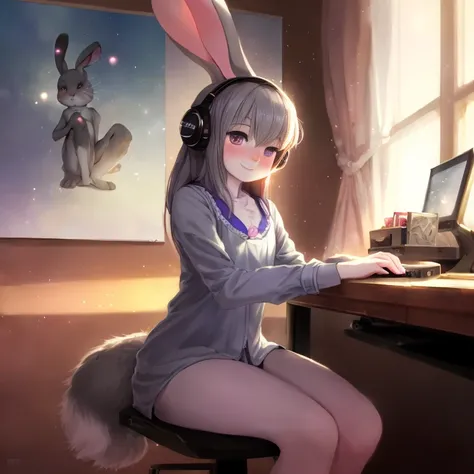 detailed Girly Room, nsfw, young skinny (petite grey_bunny:1.35),(bunny face,furry grey fur covered body:1.3),detailed face and eyes,grey fur, fluffy bunny tail,long bunny ears, long hair,(perky flat chest),(furry:1.1) ,detailed face, (loose shirt), (detailed light purple eyes),wide hips,(pussy slit), detailed nipples, gamer, headphones, sitting ,(thighs),happy, (embarrassed), (blush),(Gamer Chair, Keyboard, Mouse PC Tower, RGB, pop culture highly detailed background posters:1.1), smooth, Ultra realistic, masterpiece, highest quality, ultra detail,adorable,intricate detail, professionally retouched, realistic professionally color graded photograph, natural lighting, realistic, light particles,fine fabric emphasis, bokeh,by Pino Daeni, by Ruan Jia, by Shiitakemeshi, by Alayna Lemmer, by Carlo Galli Bibiena