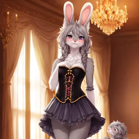 (((hyperrealisitic))), nsfw, Ultra realistic, masterpiece, highest quality, ultra detail,adorable, (detailed and intricate), (fluffy grey fur:1.3), attached rabbit tail, (hair),(perky small breasts), (grey furry body:1.3),detailed face, detailed light purple eyes, detailed eyes, (detailed eyes:1.1), (grey petite anthro bunny:1.2), wide hips, (furry:1.3), aroused, happy, embarrassed, (blush), updo, (intricate detailed fluffy ball gown), detailed corset, (sheer elbow gloves), (long detailed frilly fluffy skirt), smooth,intricate detail, gorgeous female photo, professionally retouched, realistic professionally color graded photograph, natural lighting, realistic, light particles,fine fabric emphasis, bokeh, suggestive pose,by Pino Daeni, by Ruan Jia, by Shiitakemeshi, by Alayna Lemmer, by Carlo Galli Bibiena, (fine fabric emphasis:1.1) ,large open Victorian ballroom, ornate chandeliers