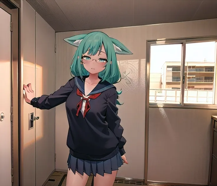 hino,green hair,solo focus,
seifuku,

rouka, scenery, hallway, window, indoors, door, building, school, sunlight