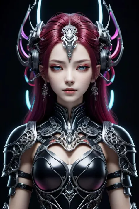 front_view, surreal photography of a stunning beautiful cyborg female, colorful_hair, ((huge breast)), (beauty and detailed black metalic armor), embraced, delicate white filigree, intricate filigree, glowing, highly detailed, intricate detailed, face symmetry, masterpiece, award-winning, sharp focus, concept art, low key, 8k, uhd, low key, octane render