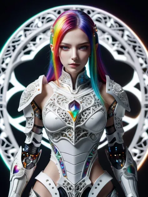 surreal photography of a stunning beautiful cyborg female, rainbow hair, huge breast, (beauty and detailed armor),  delicate white filigree, intricate filigree, glowing, highly detailed, intricate detailed, face symmetry, masterpiece, award_winning, sharp focus, concept art, low key, 8k, uhd, octane render