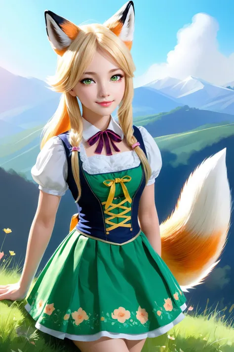 ((Masterpiece)), ((High resolution)), ((Fine detail)), (High-definition CG), high contrast, HDR, (official art), ((volumetric lighting:1.3)), (Backlight:1.1), (glowing:1.2), ((watercolor)), (pale color:1.0), (illustration:1.3), ((pastel:1.1)), (colorful:1.3), (many colors:1.3), (high high quality original art by inchacomusho), blue sky, solo, girl, (fox girl), (beautiful face), (soft smile), long blonde hair, (fox eyes: 1.1), (blonde eyes: 1.3), (middle bust), (green dirndl), dynamic pose, fox ears, animal downy ears, blonde fox tail, background colorful meadow