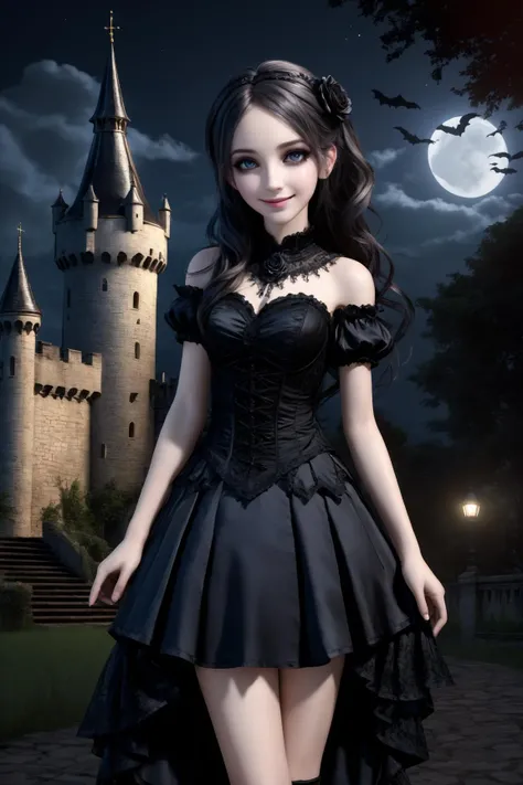 (masterpiece, best quality, photorealistic, raw photo), (gothic_girl), light smile, black dress, intricate dress, outdoor, moonlight, old castel, highest detailed, fullbody_view, perfect eyes, random hairstyle
