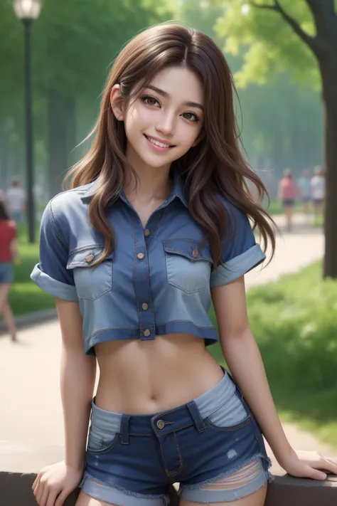 masterpiece, photorealistic, best quality, 1girl, 25 years old, beautiful face, light smile, long messy hair, hands behind back, crop top shirt, navel, midriff, open denim shorts, public park, depth of field, intricate detailed, alluring face, detailed skin, pore, finely detailed, dslr