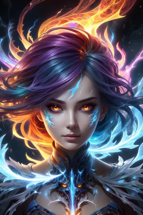 (masterpiece, top quality, best quality, official art, beautiful and aesthetic:1.2), (1girl), extreme detailed,(abstract, fractal art:1.3),colorful hair, colorfull scene, highest detailed, detailed_eyes, fire, water, ice, lightning, light_particles, ghost,