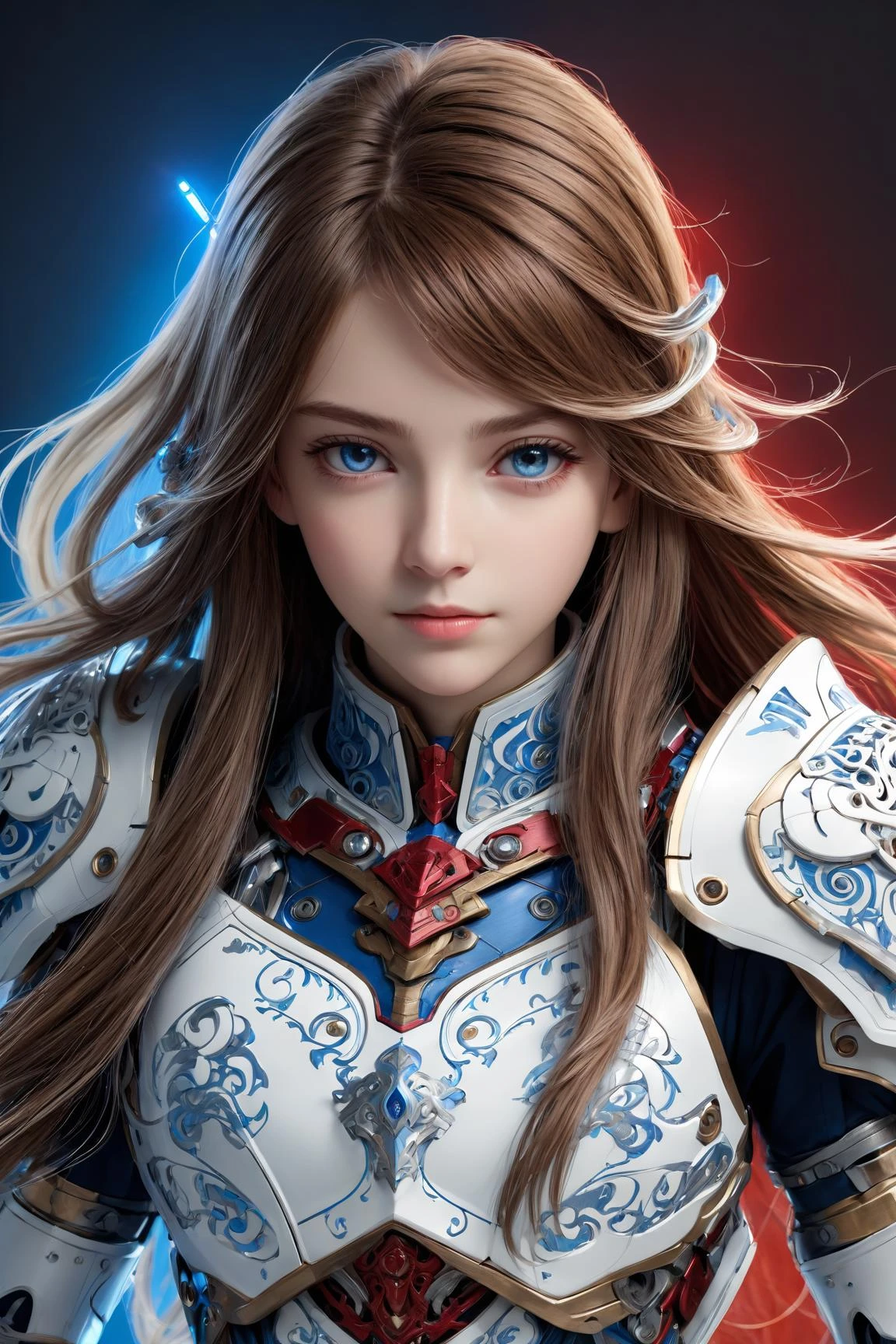front_view, masterpiece, best quality, photorealistic, raw photo, (1girl, looking at viewer), long hair, mechanical white armor, intricate armor, delicate blue filigree, intricate filigree, red metalic parts, detailed part, dynamic pose, detailed background, dynamic lighting,