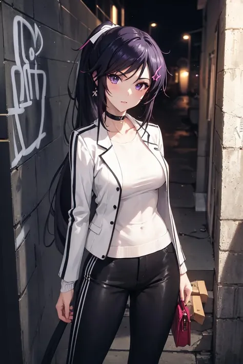 masterpiece, best quality, absurdres, perfect anatomy, 1girl, solo, cc_kunosato_mio, long hair, purple eyes, ponytail, earrings, sharp eyes, choker, neon shirt, open jacket, turtleneck sweater, night, against wall, brick wall, graffiti, dim lighting, alley, looking at viewer, <lora:cc_kunosato_mio:0.8>