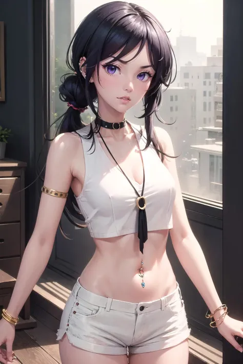 <lora:GoodHands-vanilla:1> ,
<lora:cc_kunosato_mio-10:1>,cc_kunosato_mio,(bohemian chic fashion:1.2), (white short shorts:1.2), (sleeveless shirt:1.3), (bare shoulders:1.2), (jewelry:1.2), (bracelet:1.2), (navel:1.2), (midriff:1.1), (navel piercing:1.4),