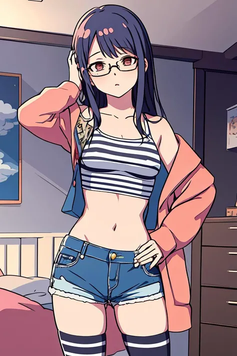 (masterpiece, best quality), 1girl, small breasts, small hips, crop top, denim shorts, bedroom, striped thighhighs, pervert, petite, glasses,