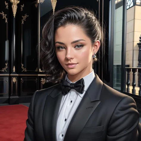 Best_QualityPos, RAW photo, intricate details, best quality, 8k uhd, soft lighting, 1girl, solo, (black tuxedo:1.2) <lora:Vladislava_Galagan_V2:0.7>