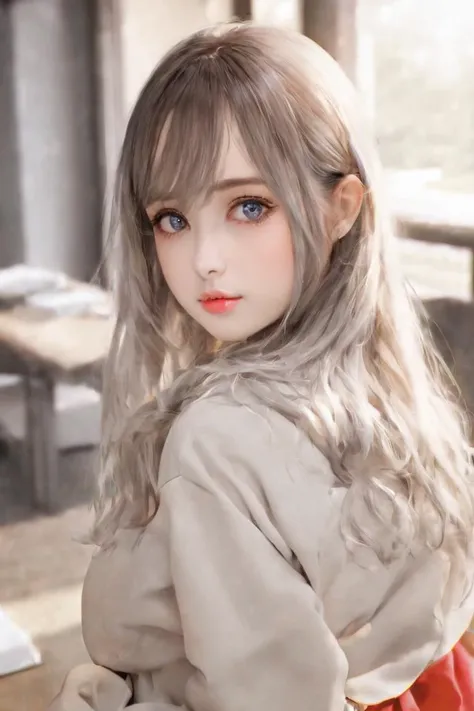 Beautiful girl lying in bed, Looking at the viewer with hands over face, Prone, I am very fond of you., Small and slender figure, Slim body line, Large Breasts, Unprotected chest, Estrus, Beautiful gray hair, Idol Face