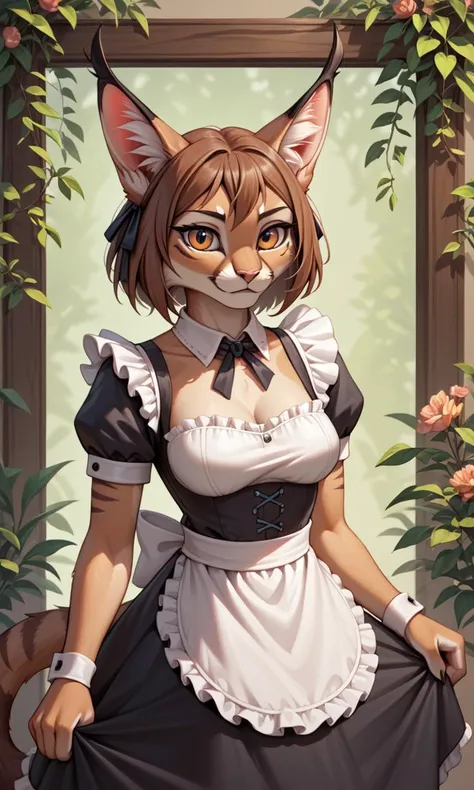 score_9, score_8_up, score_7_up, score_6_up, score_5_up, score_4_up, source_furry,BREAK,detailed face eyes and fur, looking at viewer, furry cat girl,maid,brown hair,caracalcat,caracal,ningmao