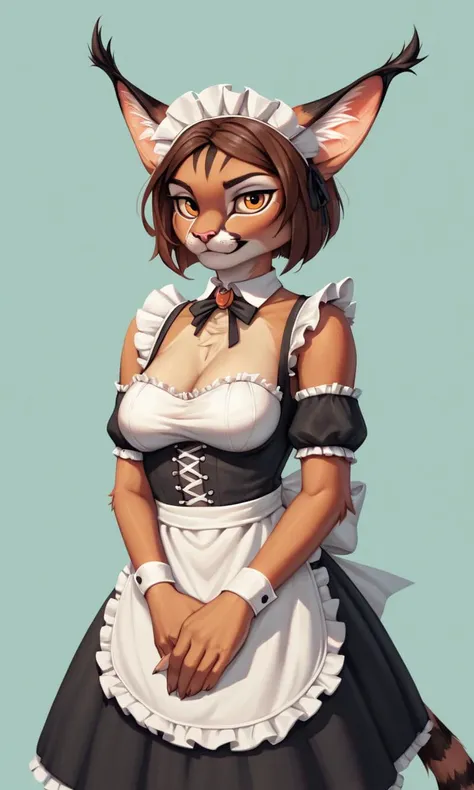 score_9, score_8_up, score_7_up, score_6_up, score_5_up, score_4_up, source_furry,BREAK,detailed face eyes and fur, looking at viewer, furry cat girl,maid,brown hair,caracalcat,caracal,ningmao