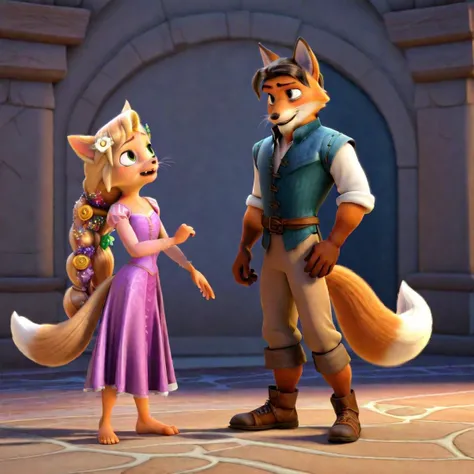 score_9, score_8_up, score_7_up, score_6_up, score_5_up, score_4_up,(3d, digital art), 1girl 1boy, a full body image of  rapunzelflynn, ((extrem long blonde hair, hair ornament)), barefoot, dress ((furry female, furry male,  fox ears, fox tail,  fox face, fox nose, whiskers, fangs)), dancing in a banquet hall,  background is a banquet hall, <lora:Rapunzel_and_flynn_-_Tangled_PonyXL:1>