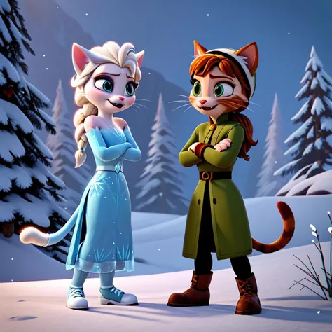 score_9, score_8_up, score_7_up, score_6_up, score_5_up, score_4_up,(3d, digital art), 2girls ,  annaelsa,  cat tail, cat ears, animal ears, cat face, ((furry female, cat nose , whiskers )), fangs, in a snowy landscape, (arms crossed), <lora:Anna_and_Elsa_-_Frozen_PonyXL:1>