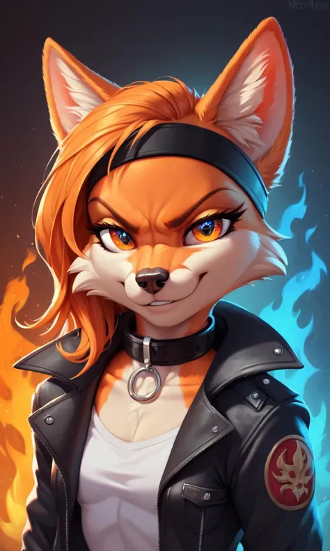 score_9, score_8_up, score_7_up, score_6_up, score_5_up, score_4_up, source_furry,BREAK,detailed face eyes and fur, (detailed fire background)1.1, anthro furry female fox, orange hair, enface portrait, small, looking at viewer, intimidating, smirk, black headband, collar, jacket, highly detailed, absurdres, cinematic lighting, soft, fluffy