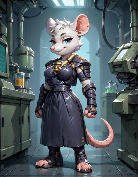 score_9, score_8_up, score_7_up, (NemesisNoWeapon, rat, furry, white fur, female, medium breasts, shortstack, shoulder armor, science fiction, pauldrons, standing, solo, full body, in a laboratory, looking at viewer, bedroom eyes, smile <lora:nemesis_pony_v3:0.8>