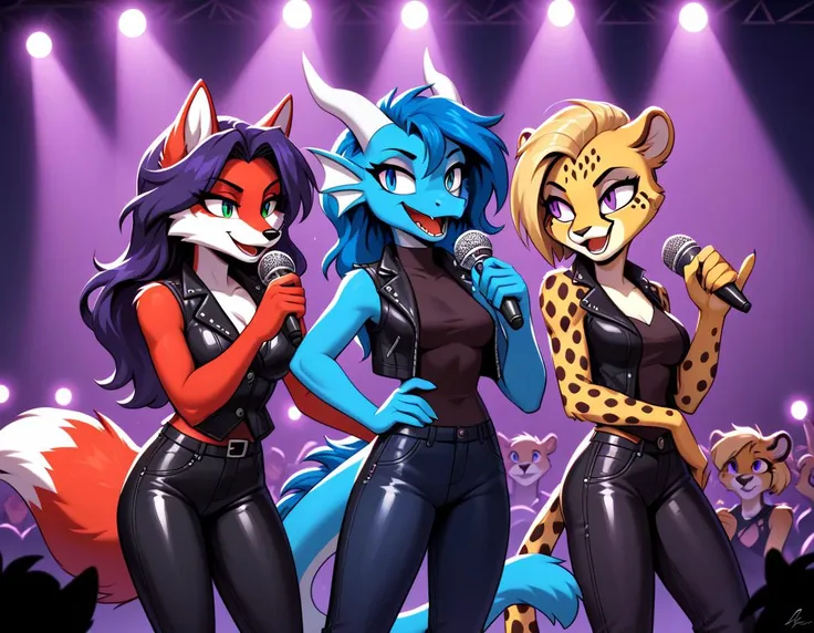 score_9, score_8_up, score_7_up, score_6_up, source_furry,rating_safe,
(threesome:1.2),anthro,furry,
,concert,stage,neon light,crowded,people,
BREAK
anthro,female,fox,red body,white belly,long hair,green eyes,purple hair,pony tail,big breasts,long eyelashes,leather vest,leather pants,,holding microphone, singing,open smile,
BREAK
,anthro, female,mature, western dragon, blue body,white belly,blue scaled, slim, skinny, blue hair, spiky hair, ear fins, white horn, blue eyes, slit pupils, long eyelashes, snout, small breasts,leather vest,leather pants,,holding microphone, singing,open smile,
BREAK
anthro,furry,female,(cheetah),purple eyes,bronze hair,(sidecut:1.2),slit pupils,eyelashes,leather vest,leather pants,,holding microphone, singing,open smile,