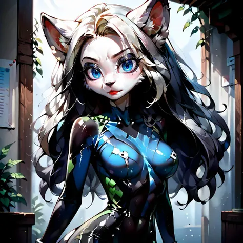 digital_media_(artwork) hi_res, score_9, score_8_up, score_7_up, score_6_up, score_5_up, score_4_up, rating_safe, (Kaladae on Civitai, https://civitai.com/user/Kaladae), <lora:Cica_4_GLoRa:0.8>, beautiful, intricate, high quality details, highly detailed, amazing quality, anthro, furry, female, feminine, slim, slender, cute, small, detailed sexy blue eyes, solo, ocelot, assassin bodysuit, long hair, multicolored hair, streaked hair, absurdres, highres, goth, heavy eyeliner, heavy eye shadow, breasts, SFW, small face, big ears, big hair,